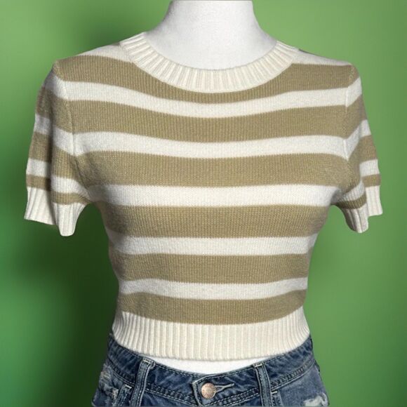 H&M Divided Striped-knit Sweater Cropped/Short Sleeve White/Tan/Women’s/Small - Picture 2 of 9